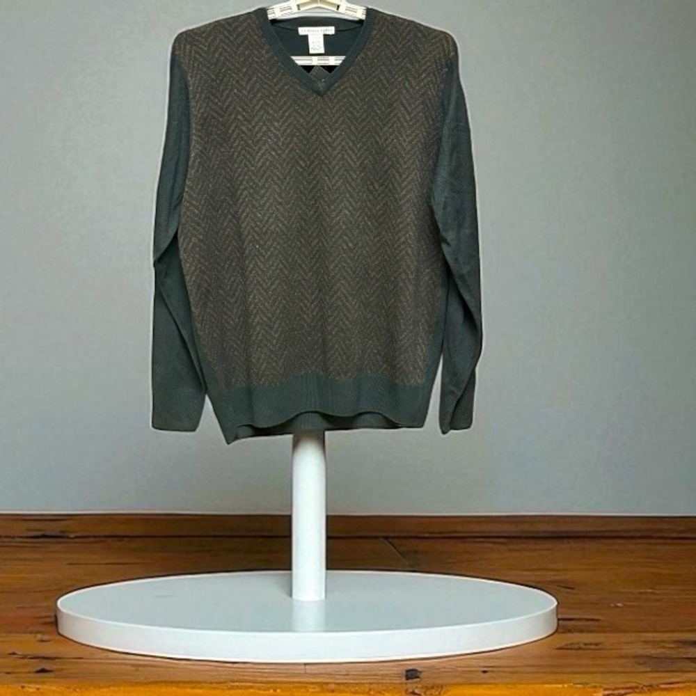 Geoffrey Beene Mens XL V-Neck‎ Sweater Black & Brown Herringbone Extra Soft New